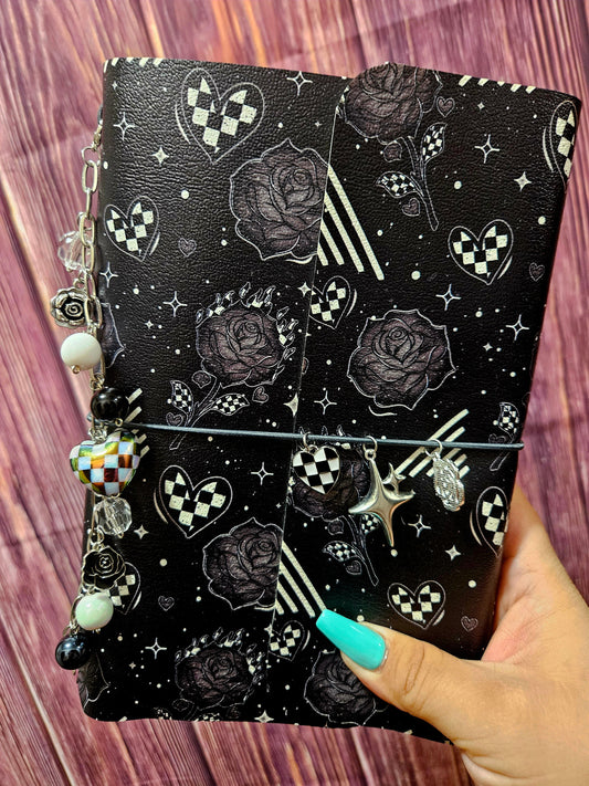 Faux Leather Wrapped Journal (A5) - checkered black roses