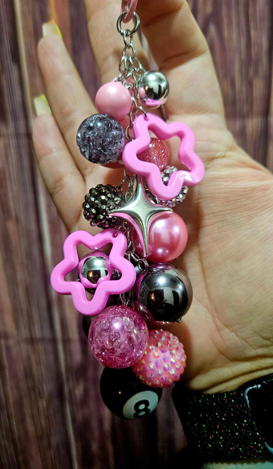 Bag Charm - pink and gray stars