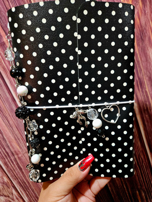 Faux Leather Wrapped Journal (A5) - black and white polka dots