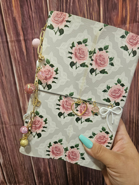 Faux Leather Wrapped Journal (A5) - pink rose/lace