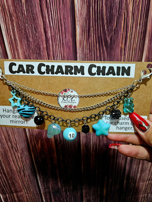 Car Charm Chain +hanger - light blue triple chain 10 pool ball/skull