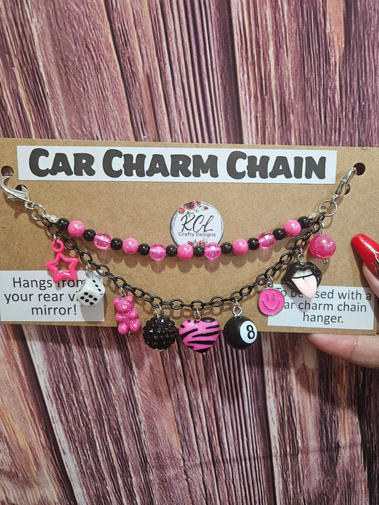 Car Charm Chain +hanger - pink/black bead chain zebra heart