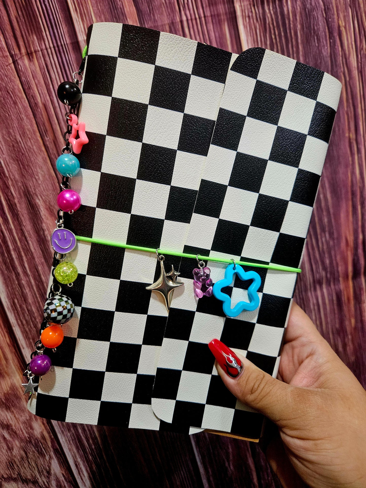 Faux Leather Wrapped Journal (A5) - checkered/neon charms