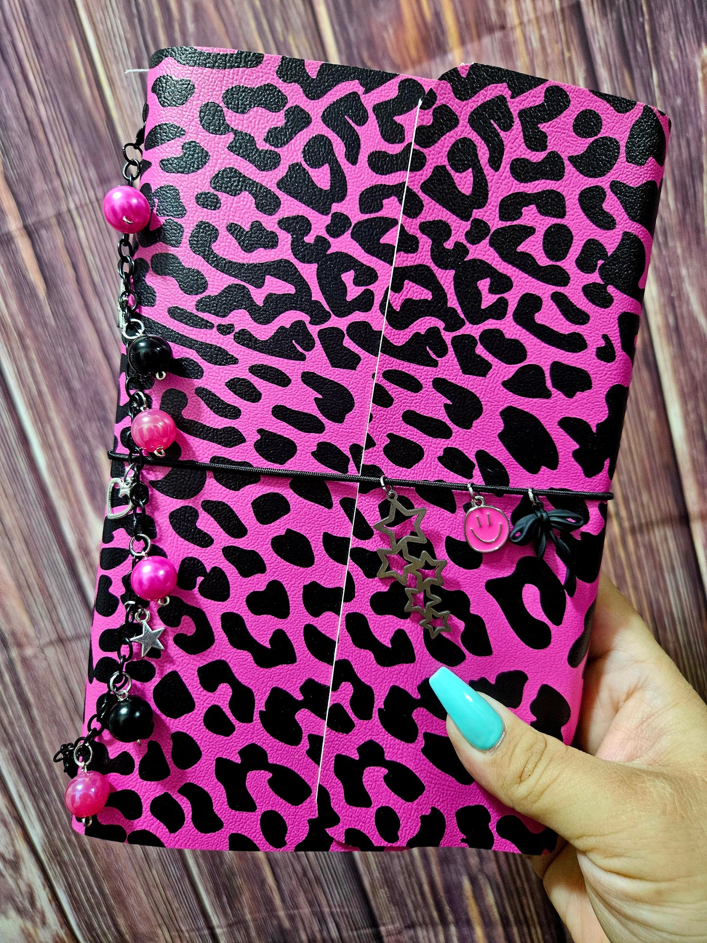Faux Leather Wrapped Journal (A5) - hot pink leopard