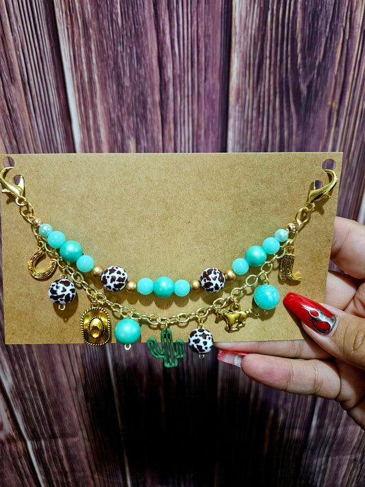 Car Charm Chain + hanger - western bead chain, cactus/cow print (gold)