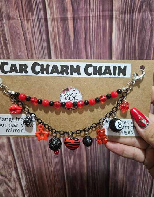 Car Charm Chain +hanger - red/black bead chain zebra heart, 8ball