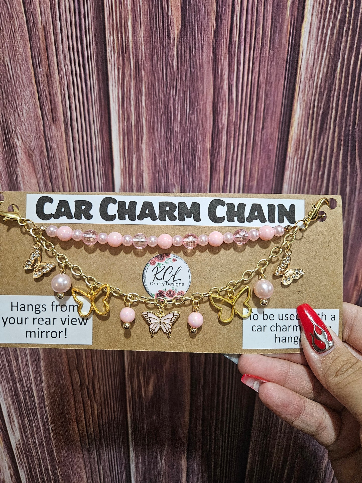 Car Charm Chain +hanger - pink butterfly (gold)
