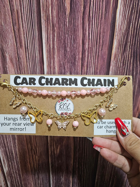 Car Charm Chain +hanger - pink butterfly (gold)
