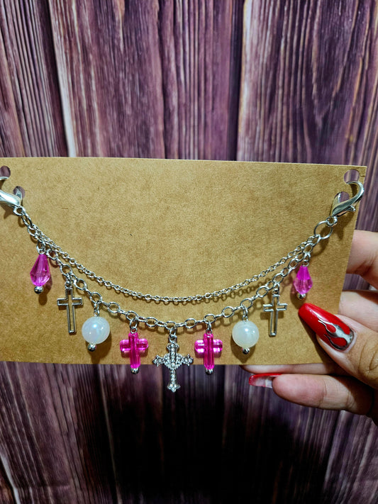 Car Charm Chain +hanger - hot pink cross double chain