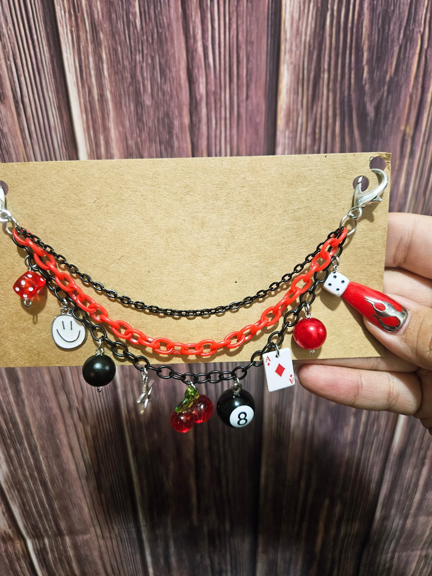 Car Charm Chain +hanger - red triple chain (cherries, 8ball, white smiley)