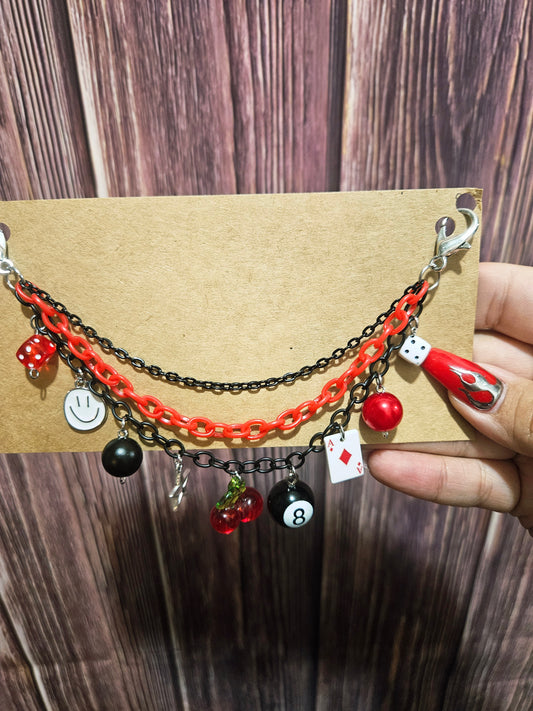 Car Charm Chain +hanger - red triple chain (cherries, 8ball, white smiley)