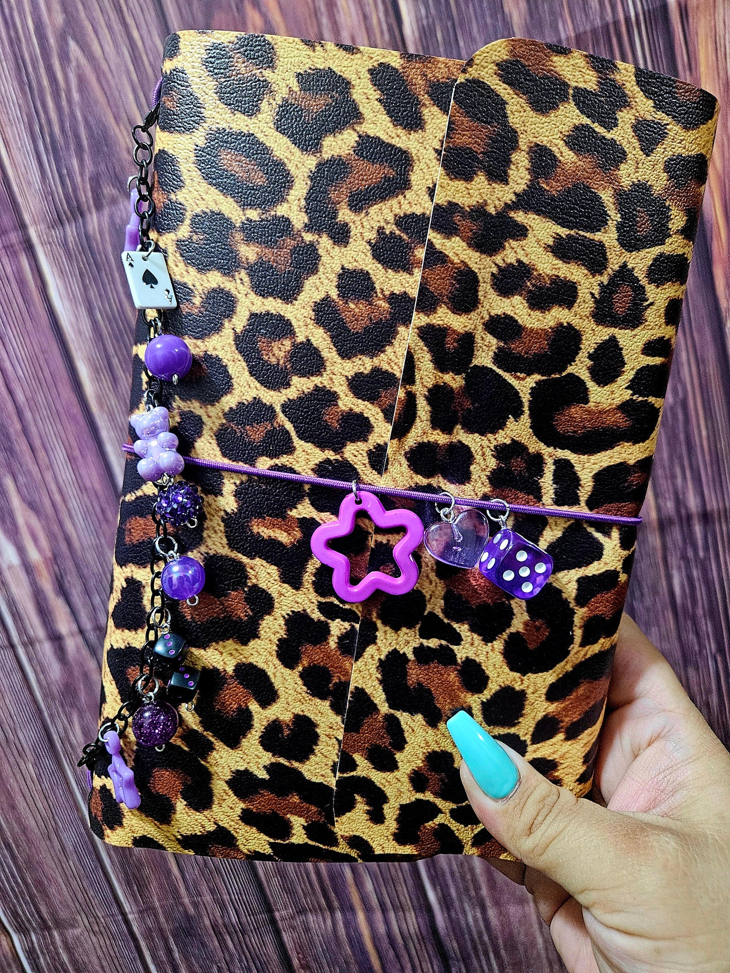 Faux Leather Wrapped Journal (A5) - cheetah/purple charms