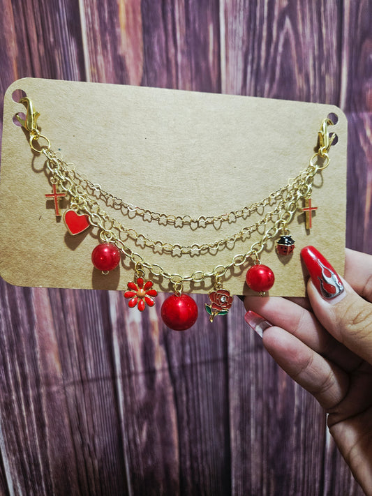 Car Charm Chain +hanger - red crosses (gold)