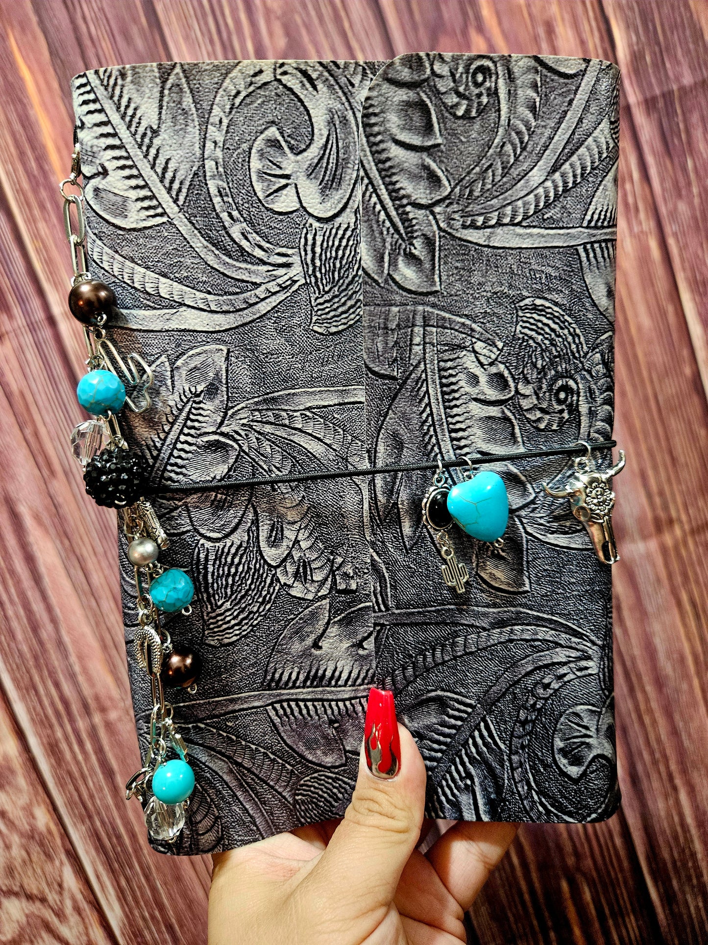 Faux Leather Wrapped Journal (A5) - black tooled leather