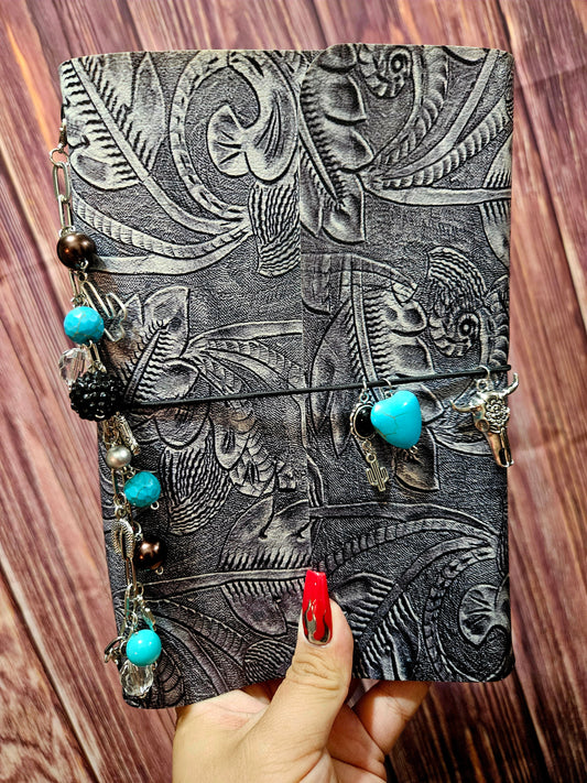 Faux Leather Wrapped Journal (A5) - black tooled leather