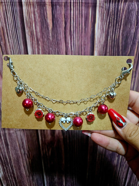 Car Charm Chain + hanger - dark red hearts/roses double chain