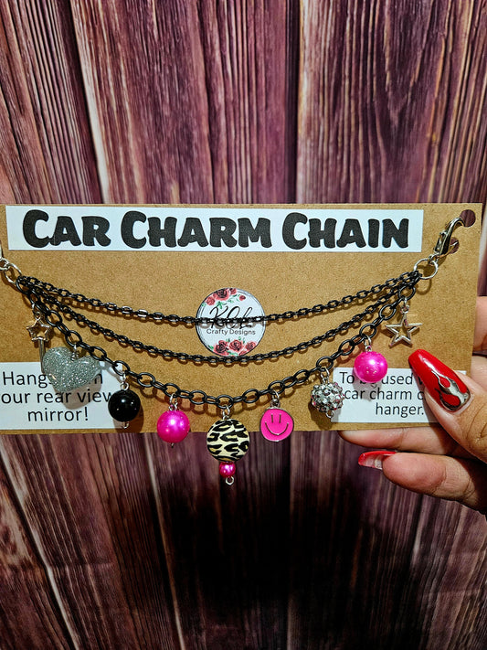 Car Charm Chain +hanger - black triple chain hot pink and cheetah