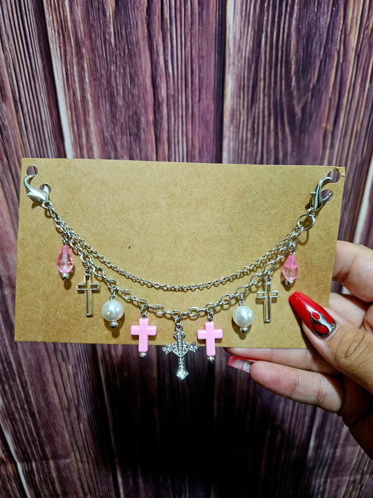 Car Charm Chain +hanger - light pink cross double chain