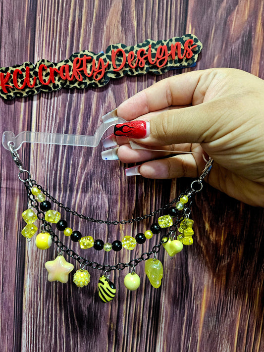Car Charm Chain +hanger - yellow bead triple chain (zebra heart/skull)