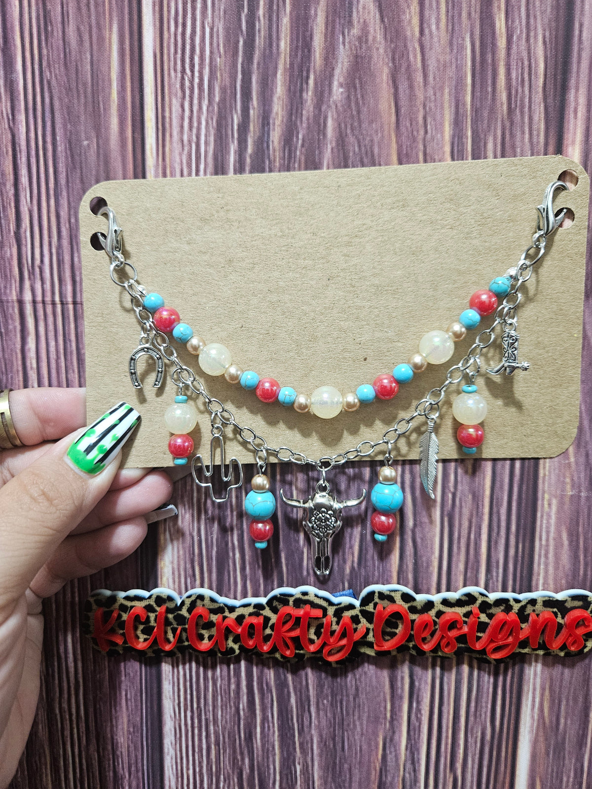 Car Charm Chain +hanger - western, red and turquoise bead chain