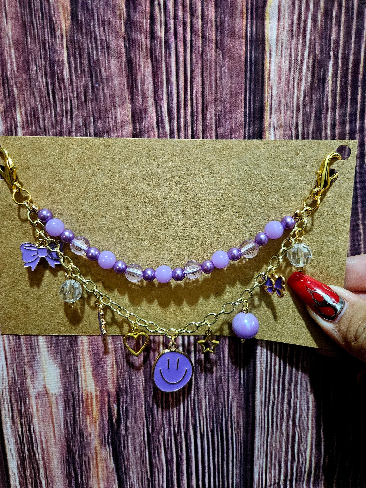 Car Charm Chain + hanger - Purple bead chain, smiley (gold)