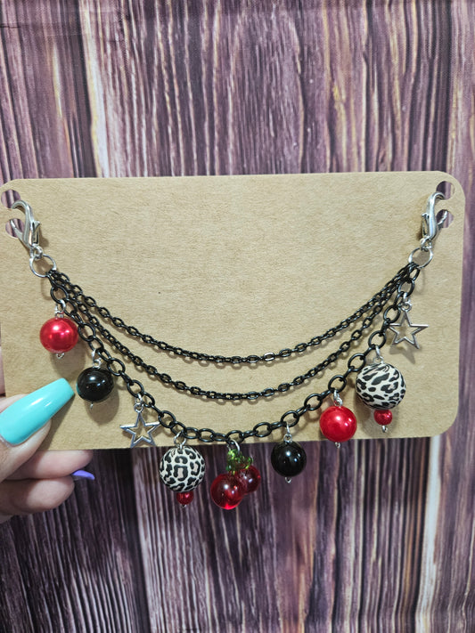 Car Charm Chain +hanger - black triple chain red, cherry cheetah