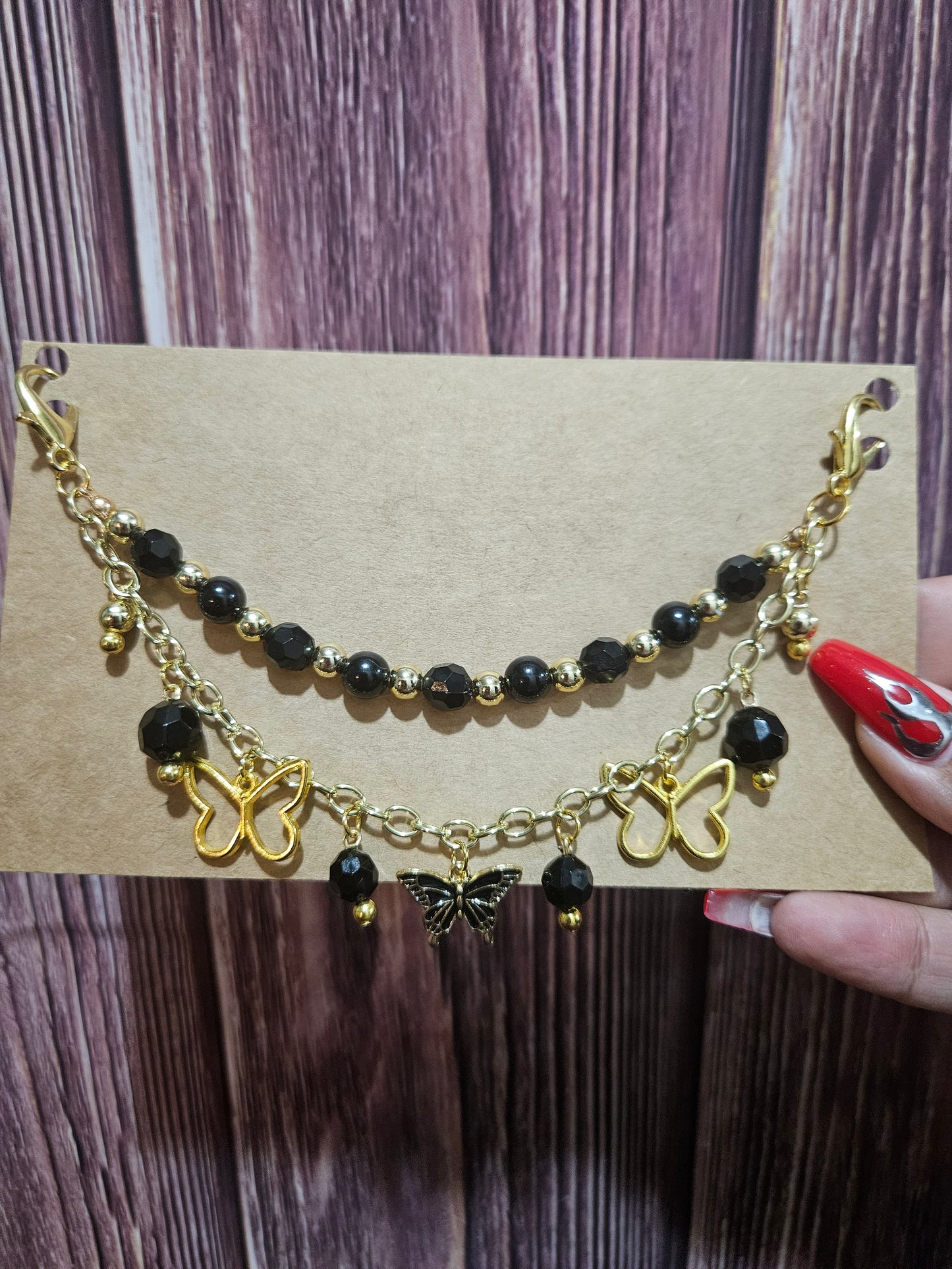 Car Charm Chain +hanger - black butterfly (gold)
