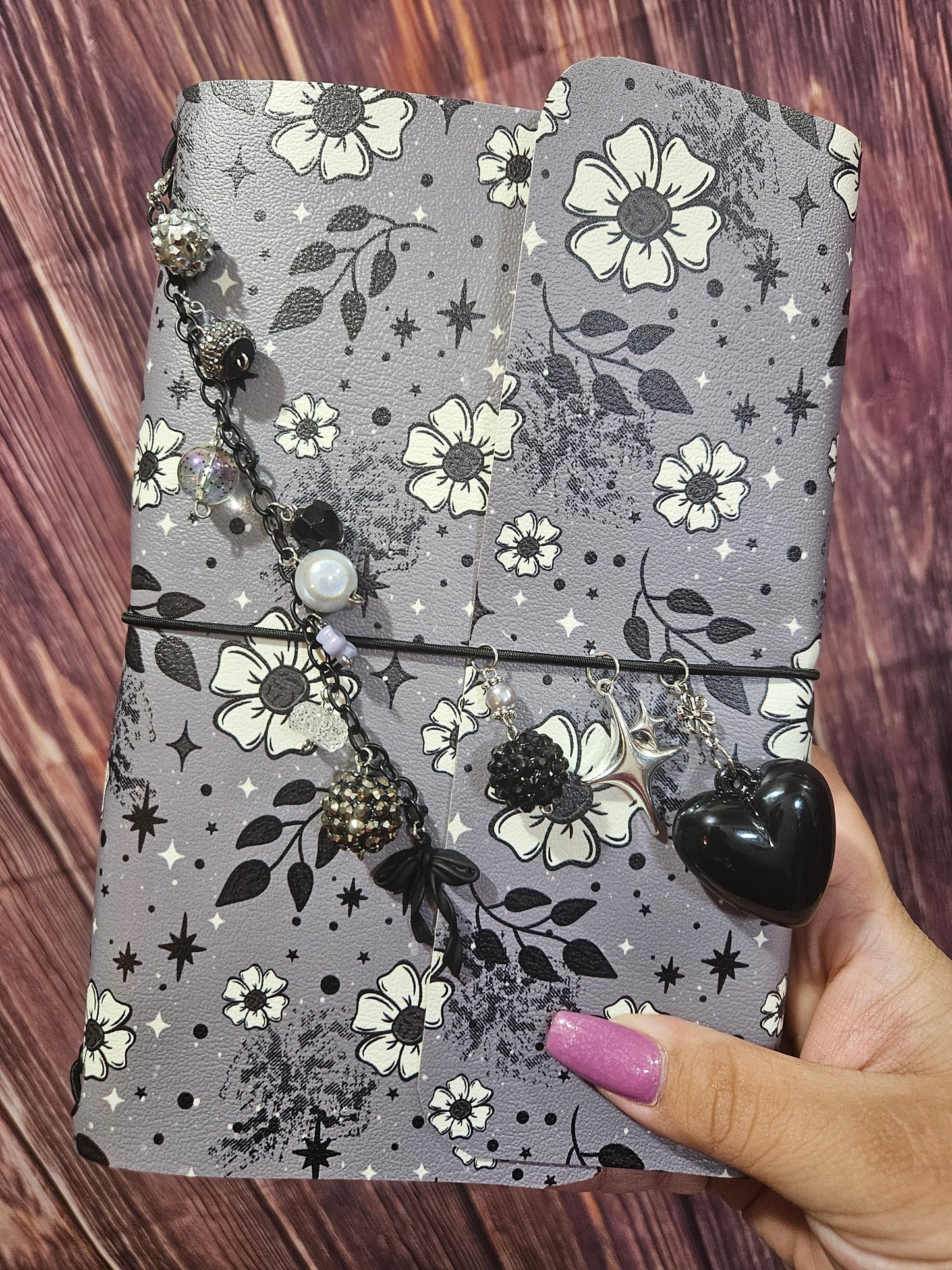 Faux Leather Wrapped Journal (A5) - Gray Floral