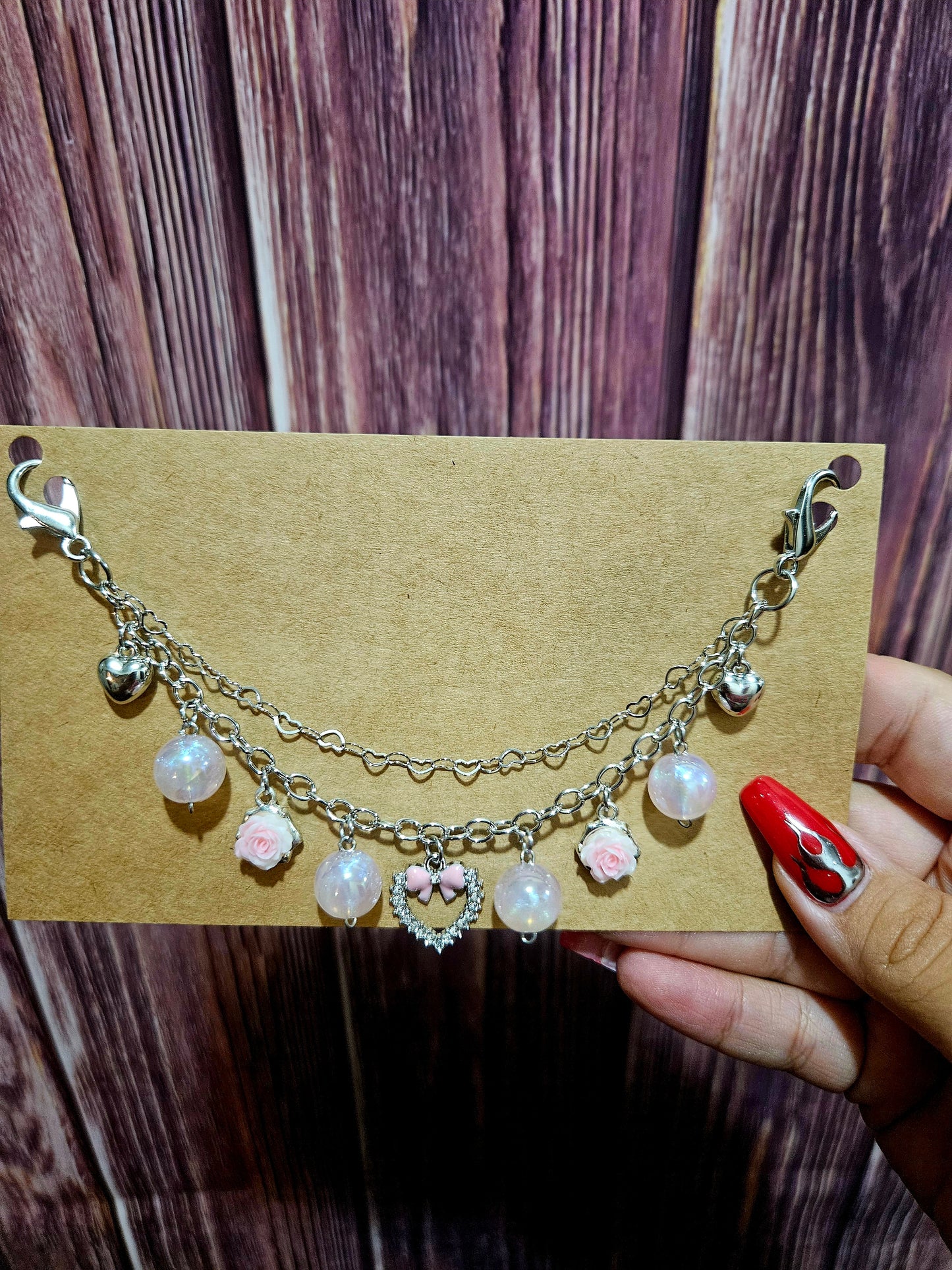 Car Charm Chain +hanger - Pink hearts/roses double chain
