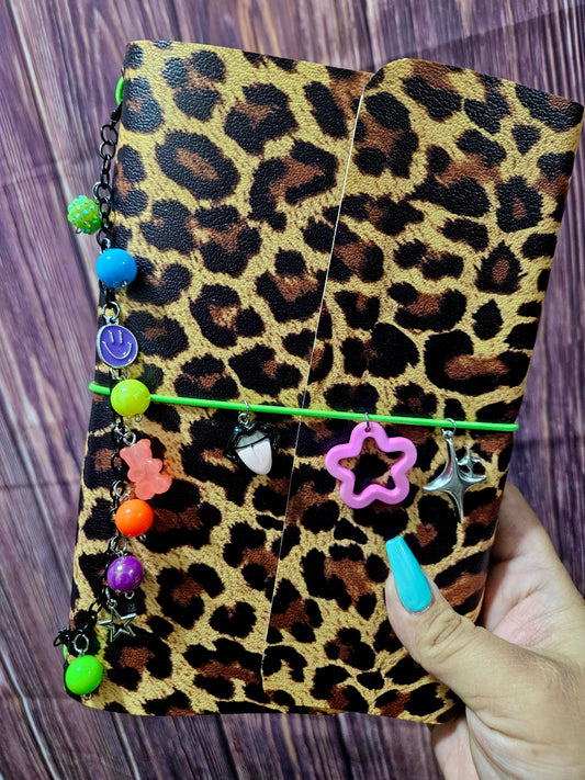 Faux Leather Wrapped Journal (A5) - leopard print/neon charms