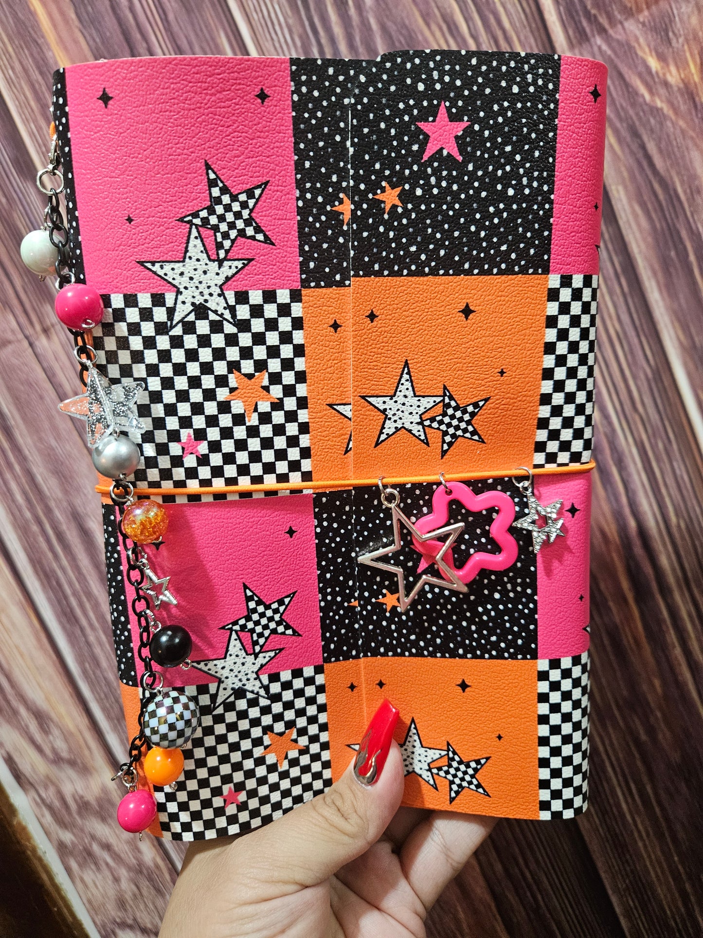 Faux Leather Wrapped Journal (A5) - orange and pink checkered stars