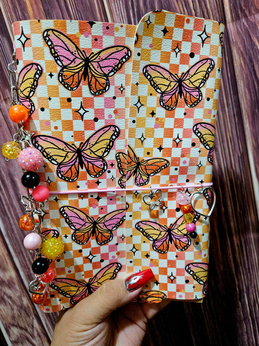 Faux Leather Wrapped Journal (A5) - ombre checkered butterfly