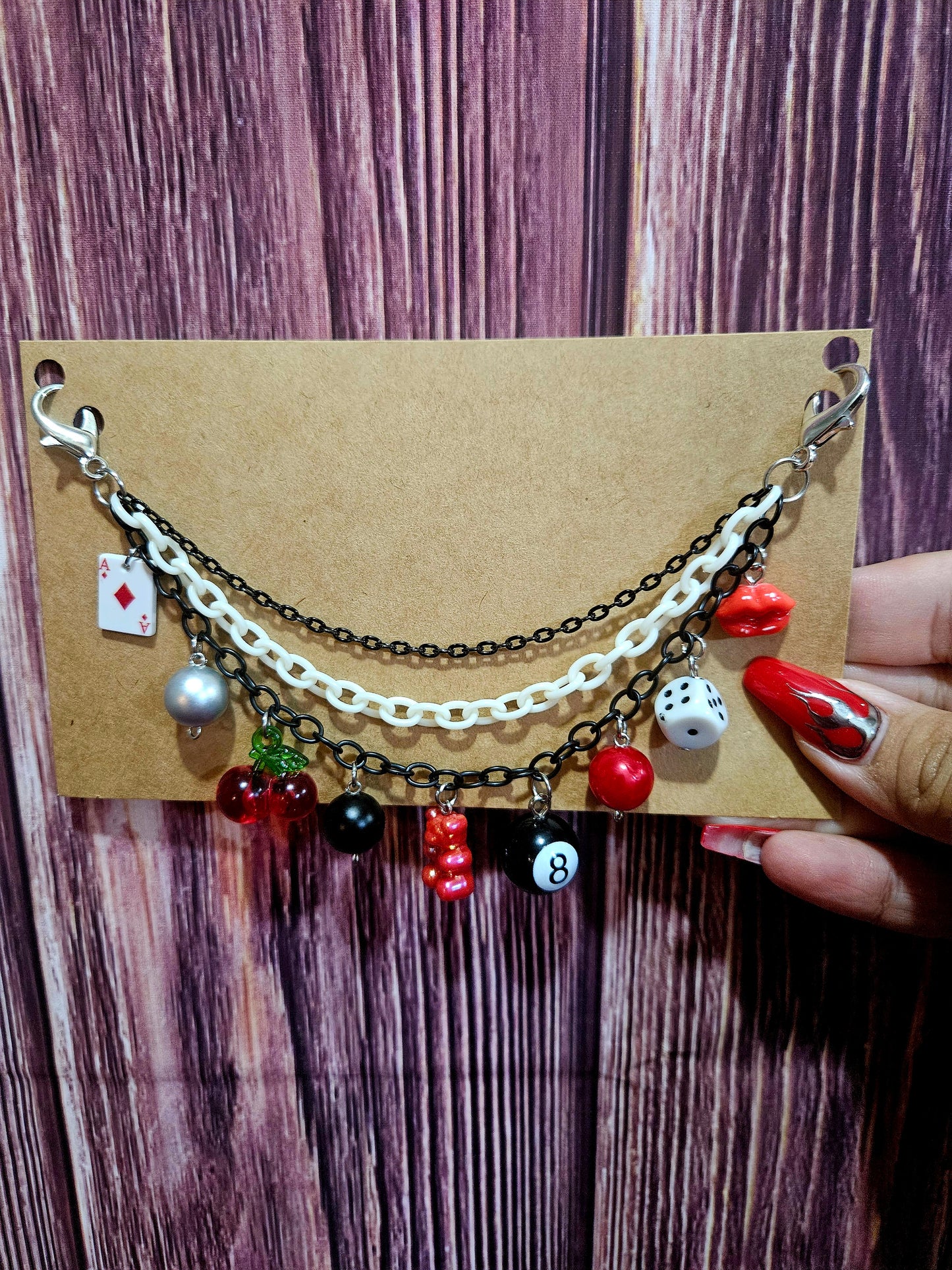 Car Charm Chain +hanger - white double chain red gummy bear