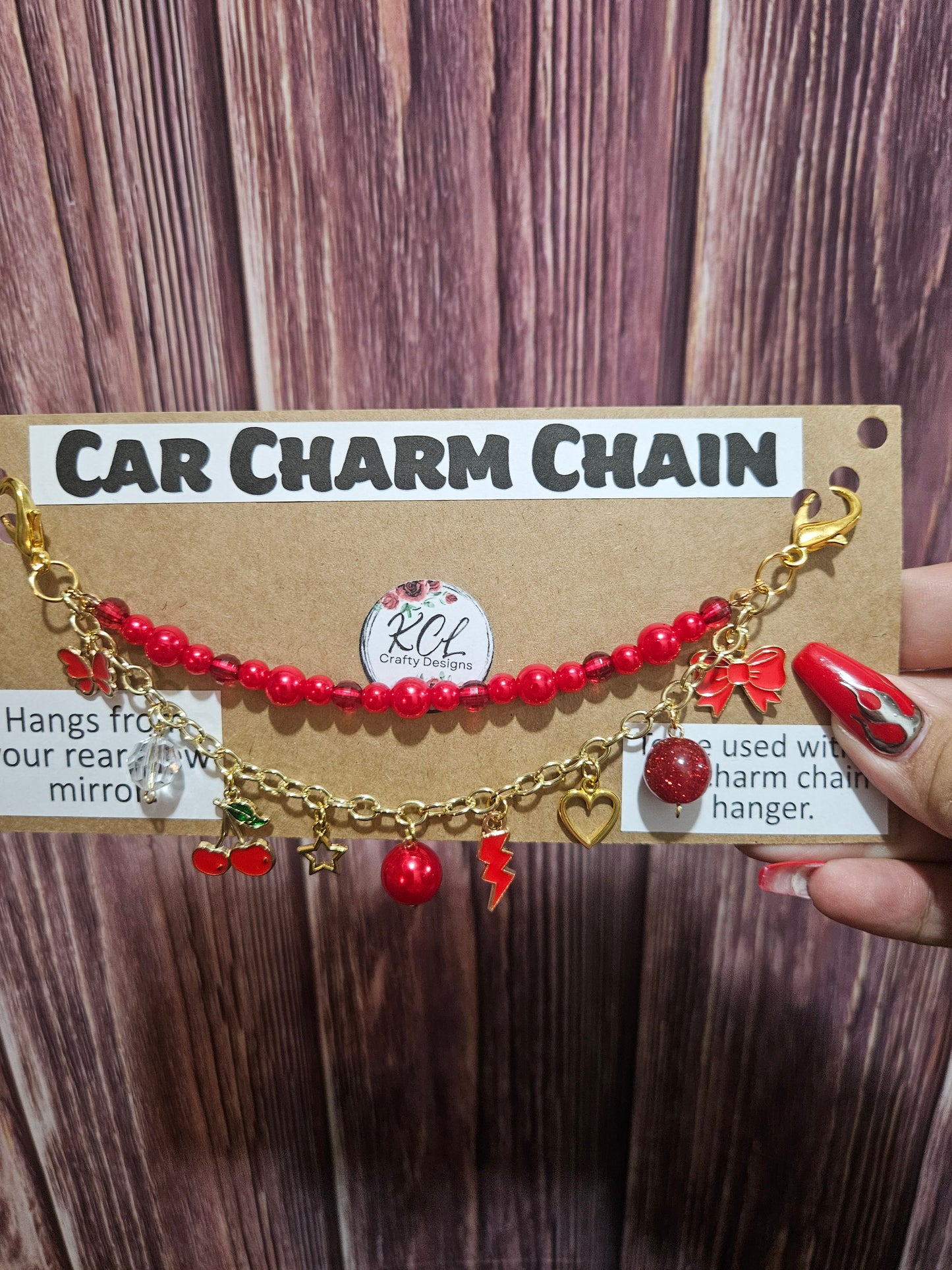 Car Charm Chain + hanger - red pink bead chain, cherries (gold)