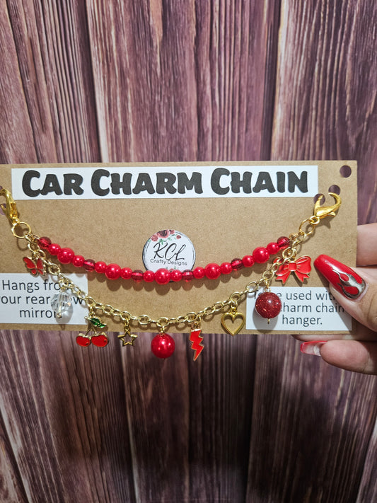 Car Charm Chain + hanger - red pink bead chain, cherries (gold)