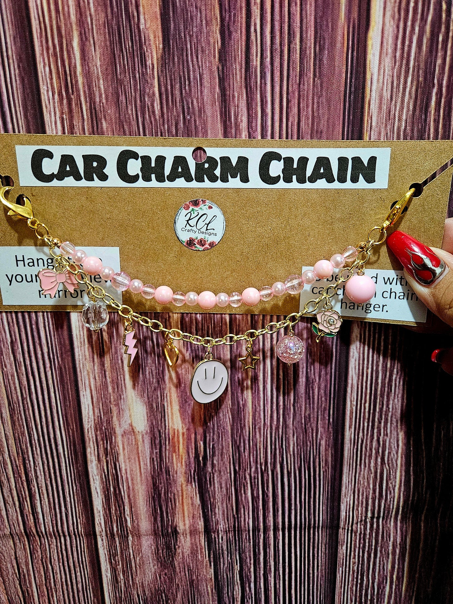 Car Charm Chain + hanger - light pink bead chain, smiley (gold)