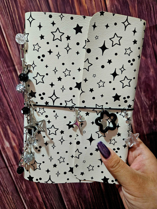 Faux Leather Wrapped Journal (A5) - White w/ black stars