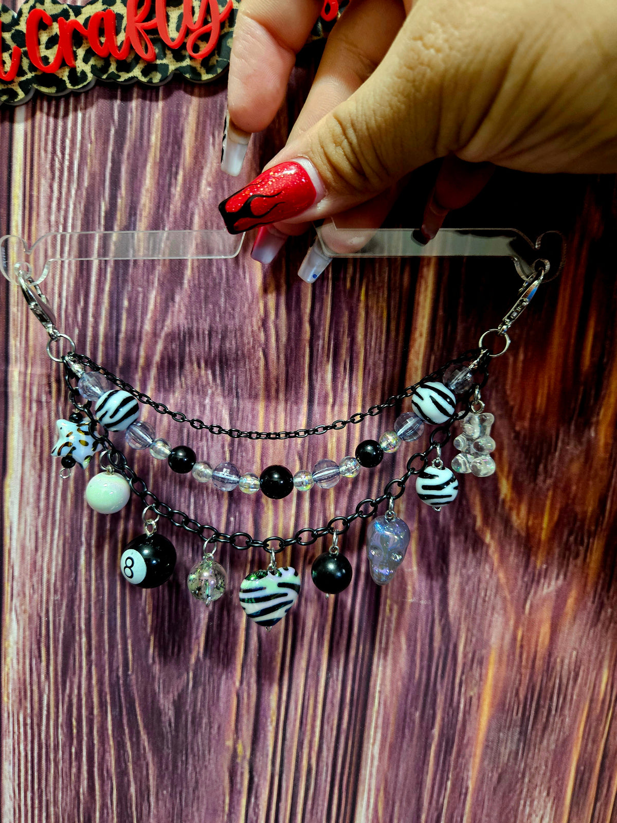Car Charm Chain +hanger - white zebra/eight ball bead triple chain (zebra heart/skull)
