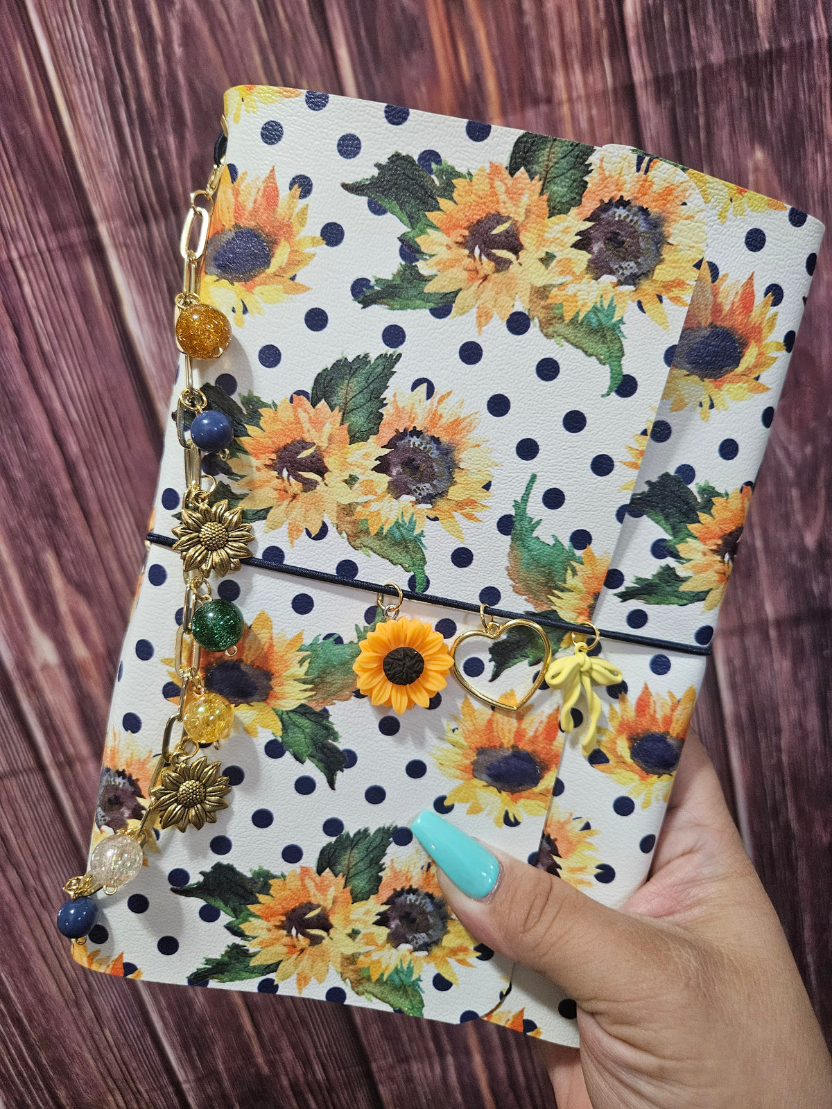 Faux Leather Wrapped Journal (A5) - Sunflowers/navy polka dots