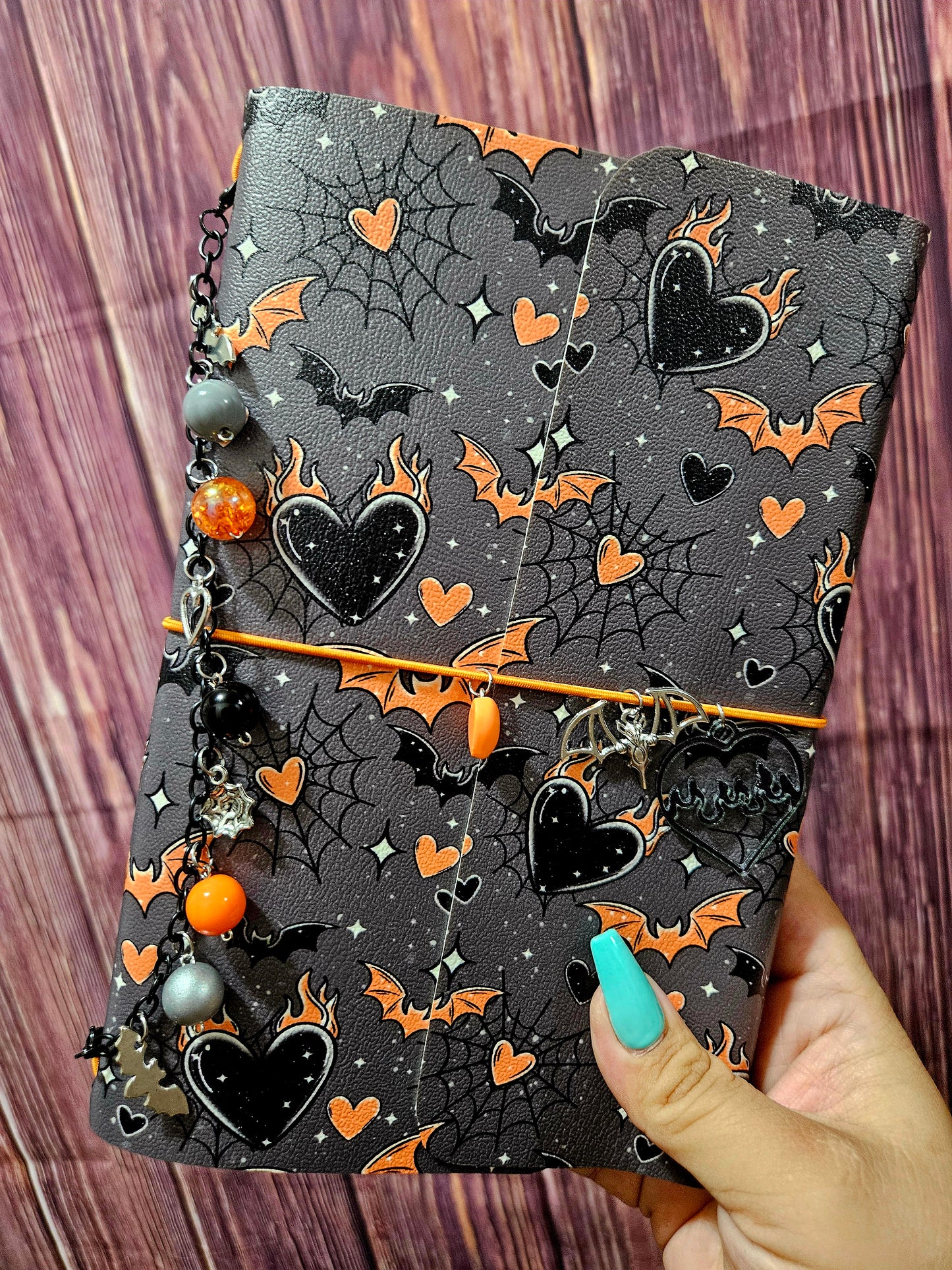 Faux Leather Wrapped Journal (A5) - flame hearts and bats