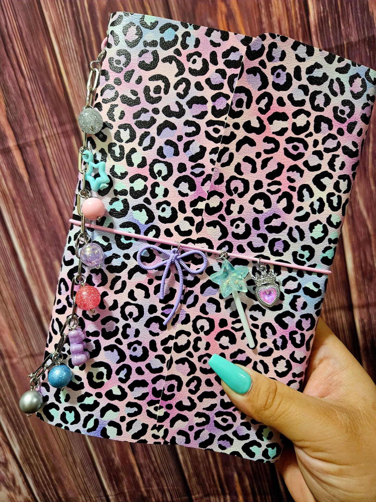Faux Leather Wrapped Journal (A5) - pastel leopard (purple bow, pink elastic)