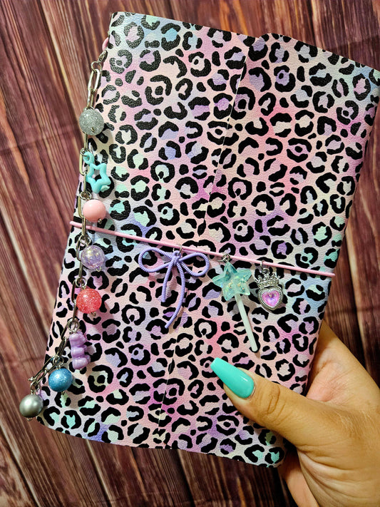 Faux Leather Wrapped Journal (A5) - pastel leopard (purple bow, pink elastic)