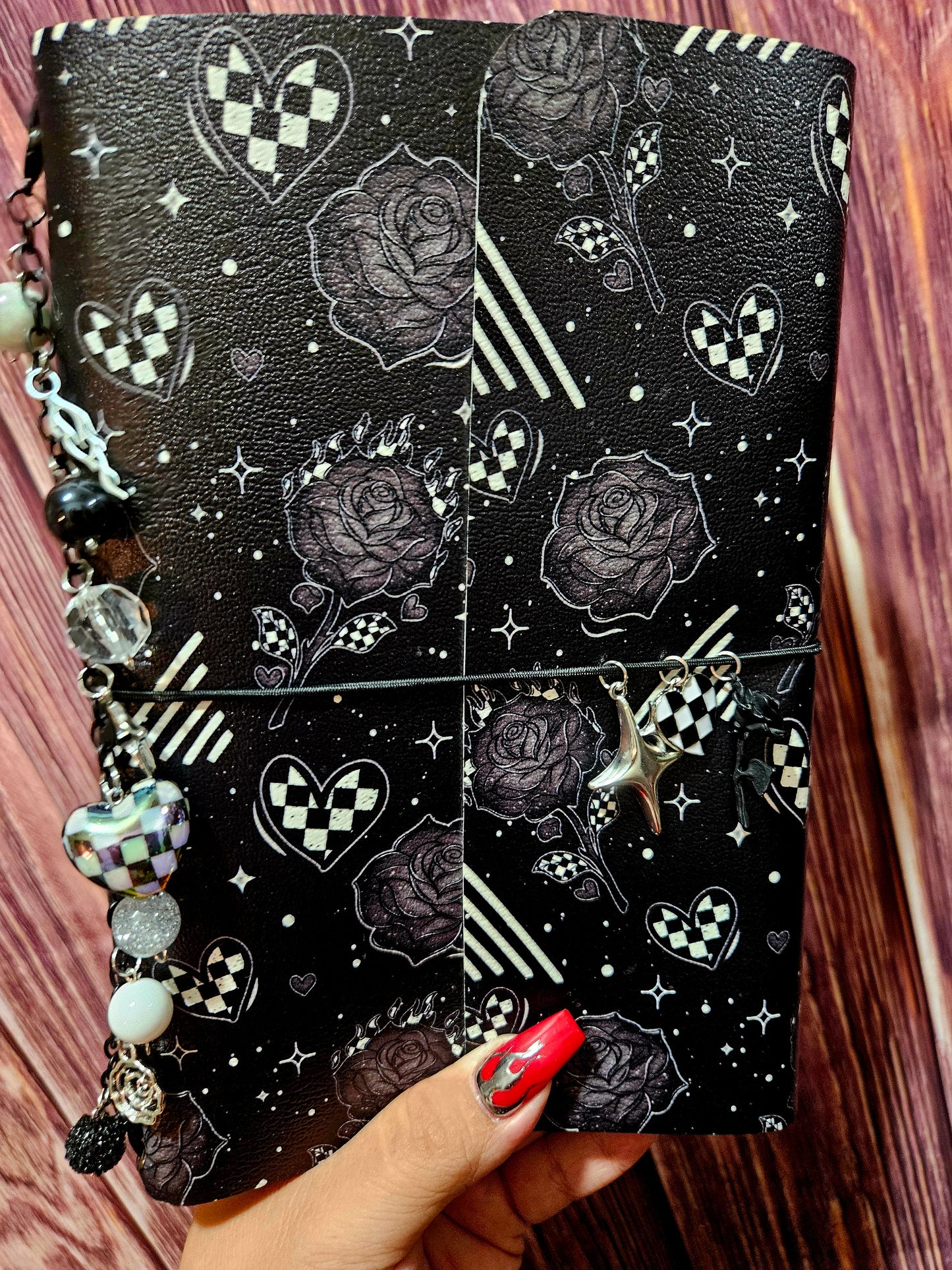 Faux Leather Wrapped Journal (A5) - checkered black roses