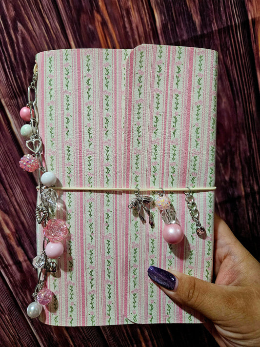 Faux Leather Wrapped Journal (A5) - Pink Stripe Floral