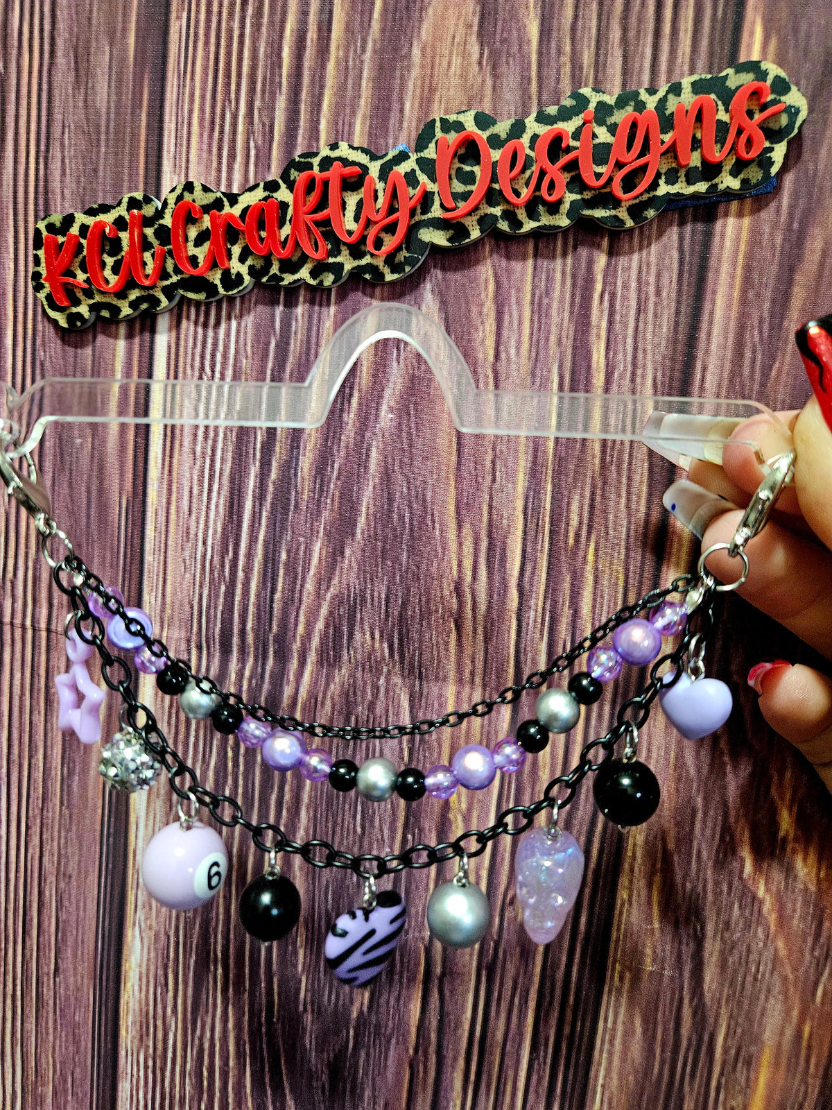 Car Charm Chain +hanger - light purple bead triple chain (zebra heart/skull)