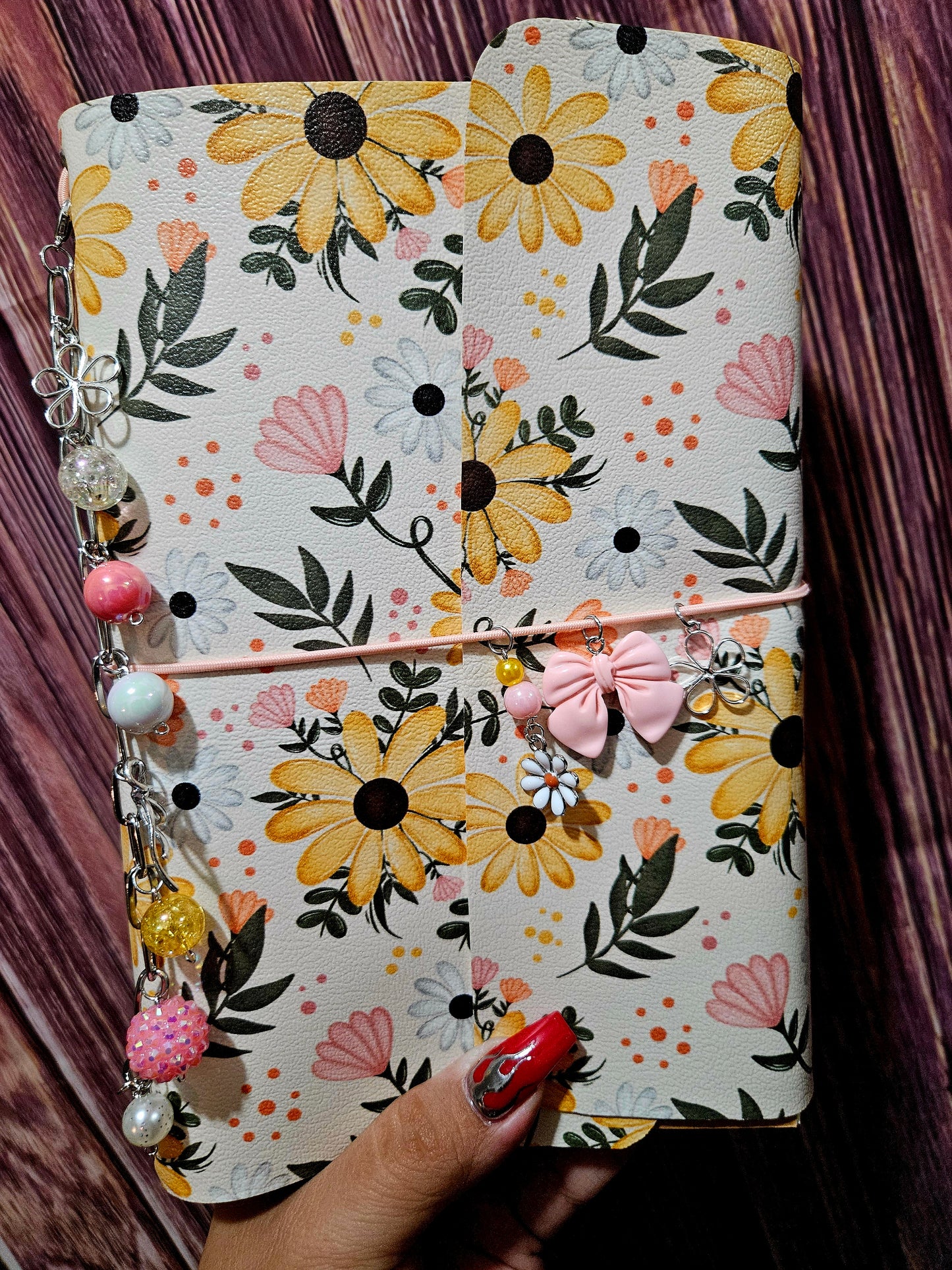 Faux Leather Wrapped Journal (A5) - yellow/white daisies