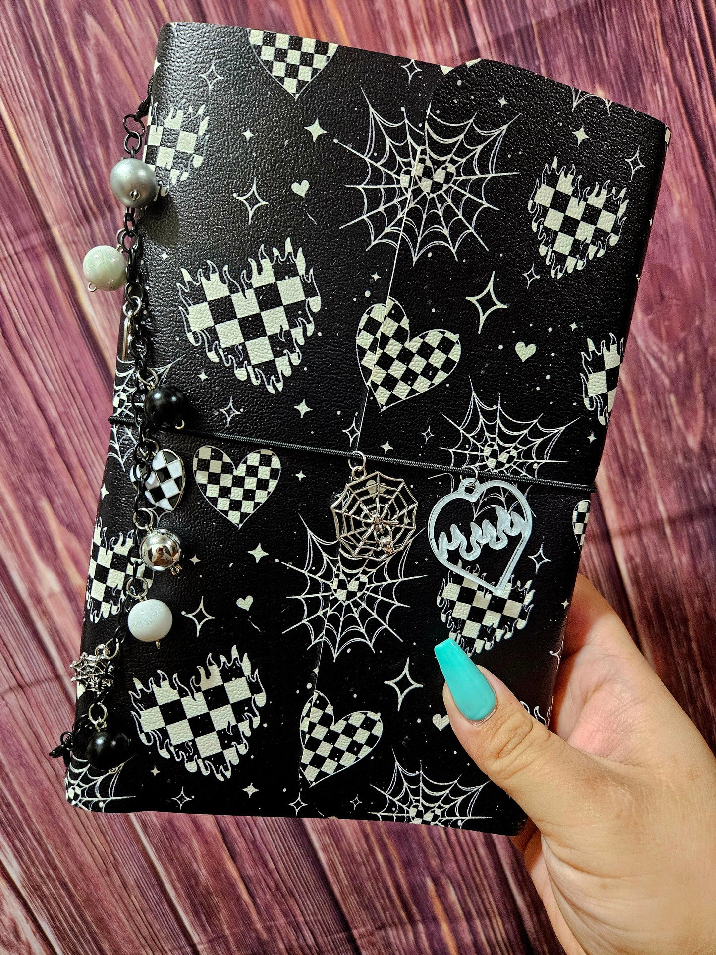 Faux Leather Wrapped Journal (A5) - checkered flame hearts and webs