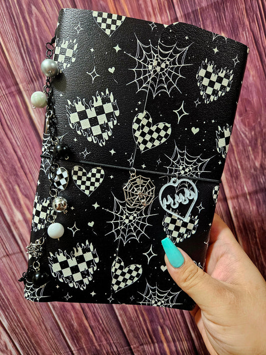 Faux Leather Wrapped Journal (A5) - checkered flame hearts and webs