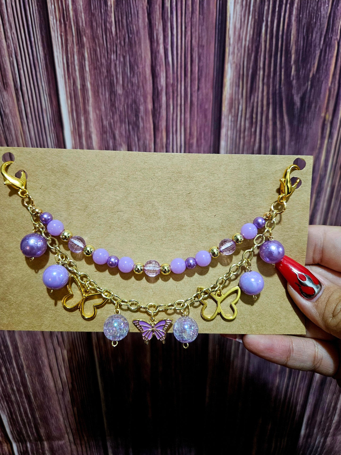 Car Charm Chain +hanger - Purple butterfly (gold)