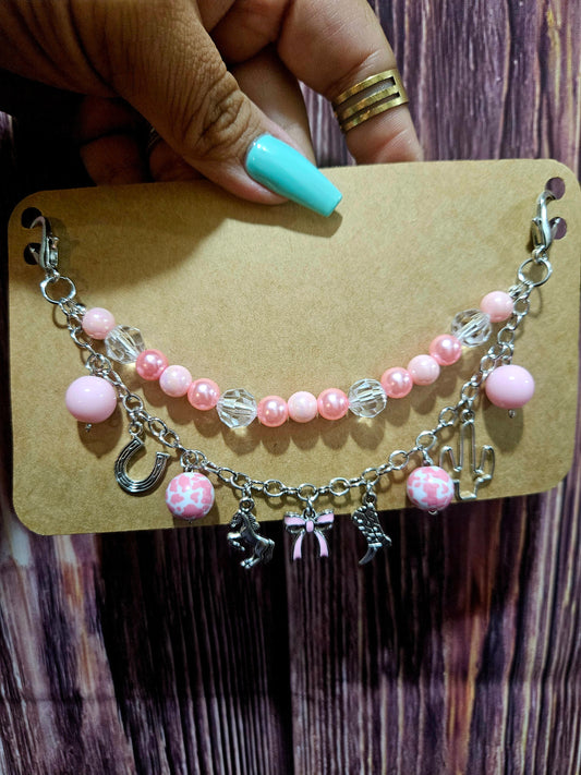 Car Charm Chain + hanger - western pink cowgirl (silver)